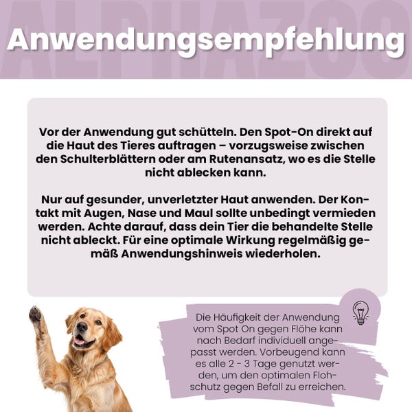 Anwendungsempfehlung für ein Spot-On-Produkt gegen Flöhe mit Hinweisen zur korrekten Anwendung auf dem Tier.