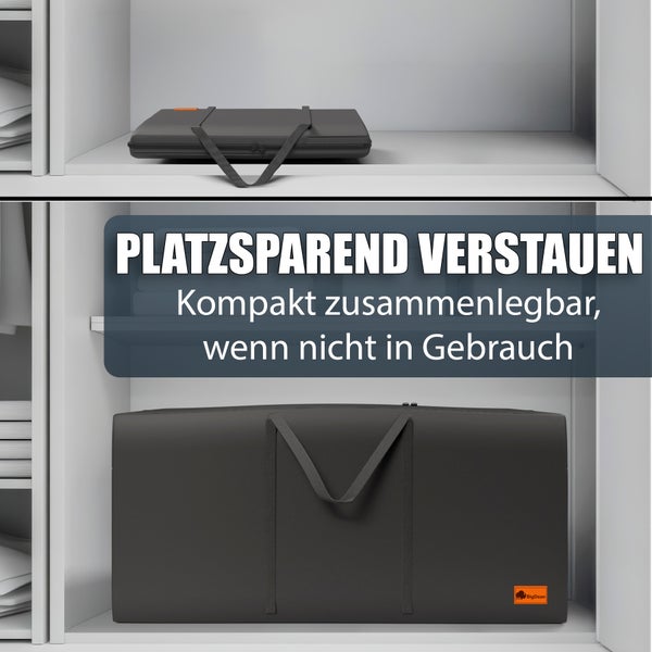 Eine zusammenklappbare BigDean Tasche im Regal zur platzsparenden Aufbewahrung.