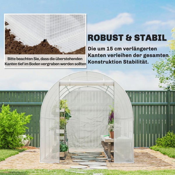 Folientunnel im Garten mit Detailansicht der im Boden vergrabenen, 15 Zentimeter verlängerten Kanten für hohe Stabilität.