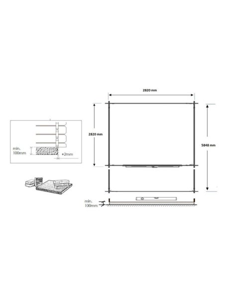 Technische Zeichnung für Gartenhaus, 2820 mal 2820 Millimeter, Gesamtlänge 5848 Millimeter, Fundamenthöhe mindestens 100 Millimeter.