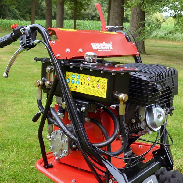 Nahaufnahme eines Holzspalters mit Hecht Logo, Verbrennungsmotor, Hydraulikpumpe und Bediengriffen im Garten.