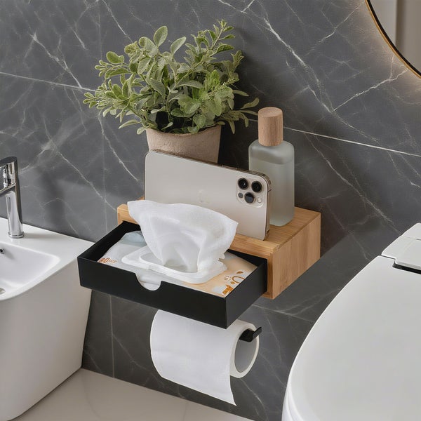 BERLINLODGE Toilettenpapierhalter mit Schublade | HxBxT 10x18,5x13cm | Bambus | Papier Halterung mit Ablage zum Kleben oder Schrauben