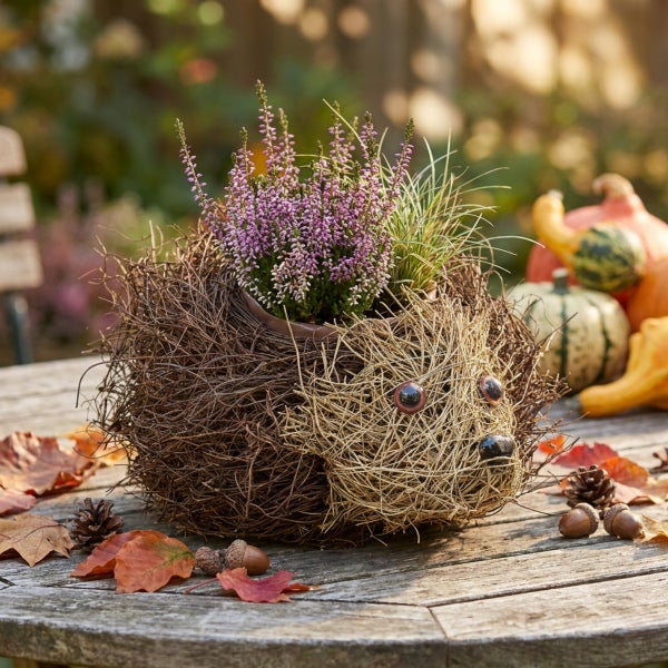 Pflanzfigur in Igelform aus Zweigen und Naturmaterial mit Heidekraut auf einem Holztisch mit Herbstdekoration.