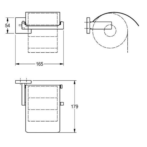 Technische Zeichnung eines Toilettenpapierhalters mit Ablage mit Bemaßungen in Millimeter.