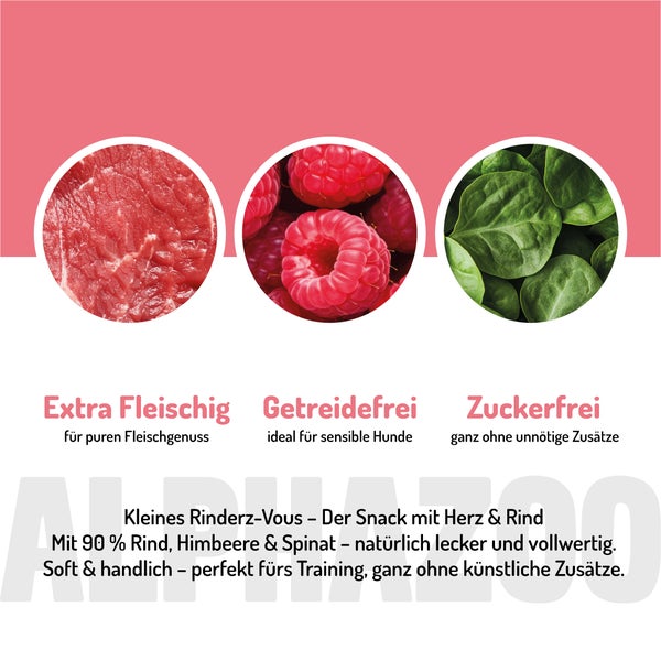 Abbildung von Rindfleisch, Himbeeren und Spinat als Bestandteile eines Hundesnacks