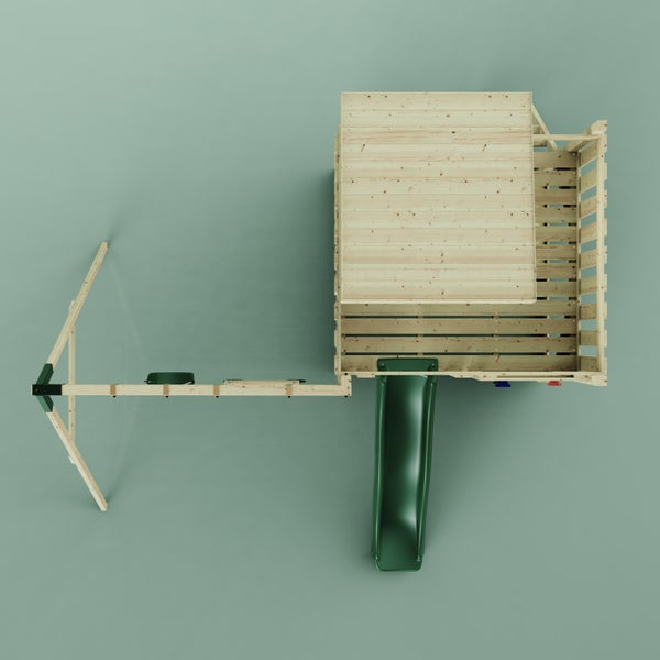 Spielturm aus Holz mit Spielhaus, Rutsche, Doppelschaukel und integriertem Sandkasten.
