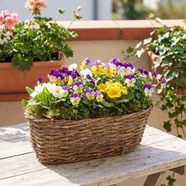 Ein länglicher Weidenkorb gefüllt mit bunten Stiefmütterchen und Frühlingsblumen, platziert auf einem Holztisch auf einem Balkon.