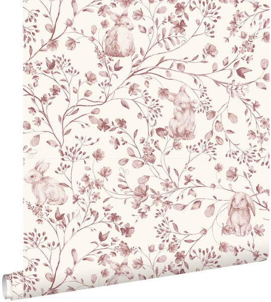 Vliestapete mit Illustrationen von Hasen, Zweigen und kleinen Blüten im Vintage-Stil.