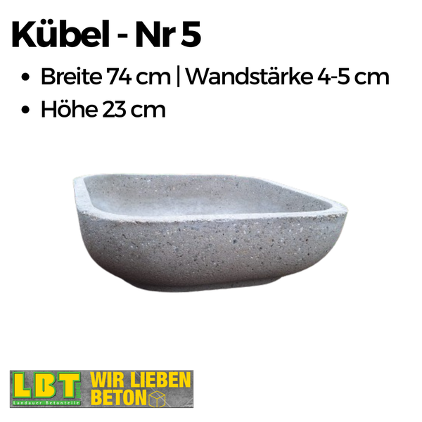 Betonkübel Nummer 5, Breite 74 Zentimeter, Höhe 23 Zentimeter, Wandstärke 4 bis 5 Zentimeter, LBT Landauer Betonteile Logo.