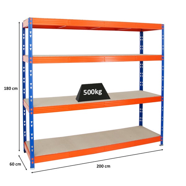 PROREGAL Profi Schwerlastregal Rhino HxBxT 180 x 200 x 60 cm 4 Spanplatten-Ebenen 8mm Fachlast 500 kg Blau/Orange