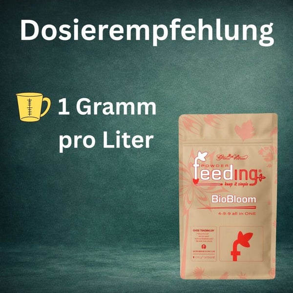 Dosierempfehlung: Ein Gramm pro Liter, dargestellt neben einer Packung BioBloom Dünger.