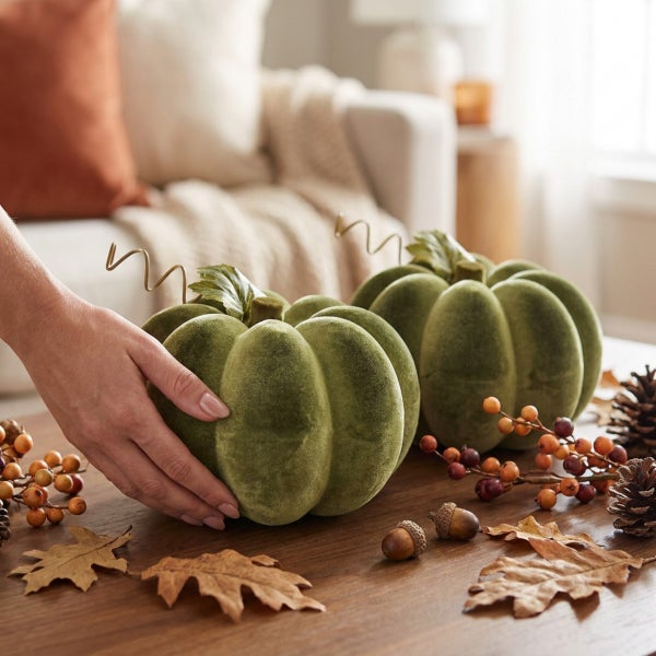 Zwei dekorative Kürbisse aus Samt als Herbstdekoration auf einem Holztisch mit Eicheln und Laub arrangiert.