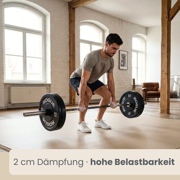 Ein Mann beim Kreuzheben auf einer Bodenschutzmatte im Fitnessraum. Text: 2 Zentimeter Dämpfung und hohe Belastbarkeit.