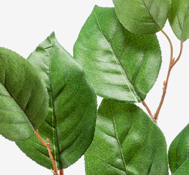 Nahaufnahme eines künstlichen Zweigs mit grünen Blättern.