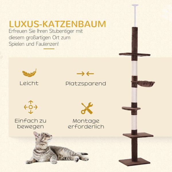 PawHut Kratzbaum Deckenhoch höhenverstellbar, stabiler Katzenbaum mit Sisalsäulen, Katzen Kletterbaum, Braun, 40 x 34 x 230-260 cm
