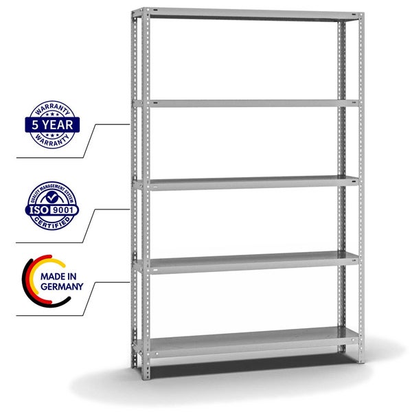 PROREGAL Fachbodenregal Schraubsystem Light-Duty Grundregal HxBxT 200 x 130 x 30 cm 5 Ebenen Fachlast 125 kg Beidseitig Nutzbar Verzinkt
