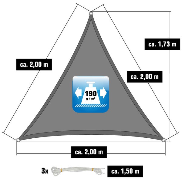 AMANKA UPF50+ UV Sonnensegel 2x2x2 Polyester Dreieck Wasserabweisend Wetterfest Garten Balkon Grau