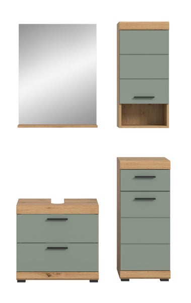 4-teiliges Badezimmermöbel-Set: Spiegel mit Ablage, Waschbeckenunterschrank, Wandschrank und Hochschrank in Holzoptik und Salbeigrün.