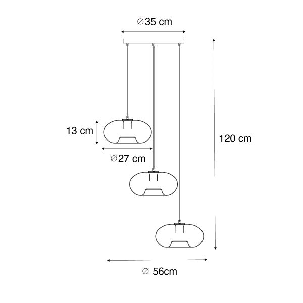 Technische Zeichnung einer Pendelleuchte mit den Maßen 35 cm Durchmesser, 13 cm Höhe, 27 cm Durchmesser und 56 cm Durchmesser.