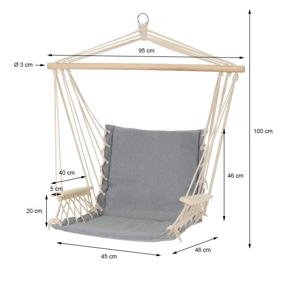 ECD Germany Design Hängesessel mit extrem gemütlichem 6cm dicken Sitzkissen aus Baumwolle und Armlehnen/Querstab aus Holz, belastbar bis 120kg, Grau, Gepolsterter Hängestuhl Hängematte Hängesitz