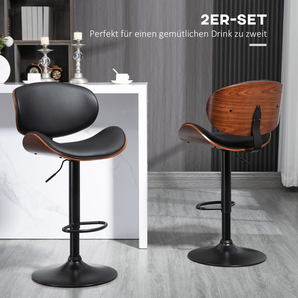 HOMCOM 2er-Set Barhocker, Höhenverstellbarer Küchenhocker, Tresenstuhl aus Kunstleder, Drehstuhl mit Fußstützen, Barstuhl für Küche, Esszimmer, Schwarz, Stahl, 53 x 52 x 92-112 cm