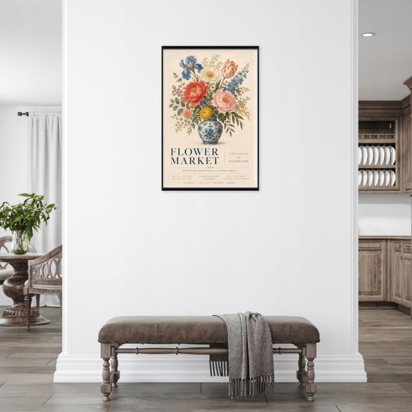 Wandbild mit Blumenmarkt Motiv in Amsterdam in einem modernen Innenraum mit Sitzbank und Decke.