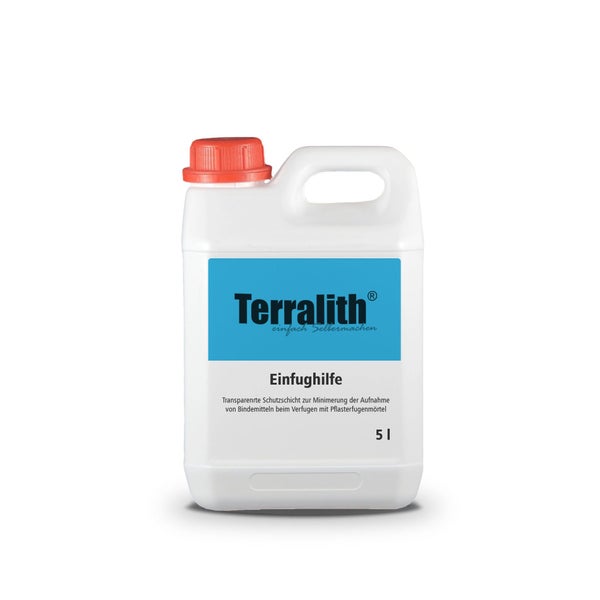 Terralith Einfughilfe im weissen 5 Liter Kunststoffkanister mit rotem Verschluss, transparente Schutzschicht für Pflasterfugenmörtel.