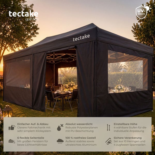 Tectake Garden Logo. Schwarzer Faltpavillon mit Fenstern im Garten. Symbole für Sonnenschutz, Wasserdichtigkeit, Höhenverstellung und Stabilität.