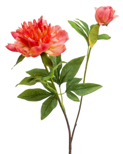 Künstliche Pfingstrose Knospe in Rosa mit grünen Blättern und Stiel.