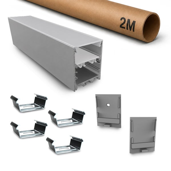 LED Aluminiumprofil Set mit Schutzrohr, vier Montageclips und zwei Endkappen zur Profilbefestigung.