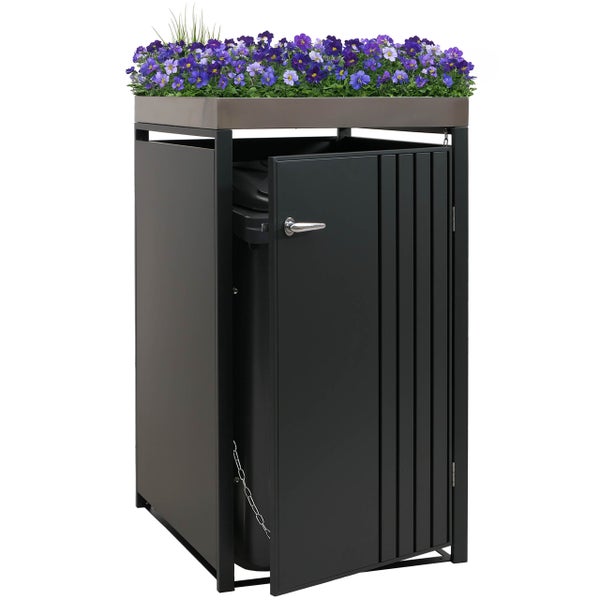 Mülltonnenbox mit Pflanzkasten und geöffneter Tür