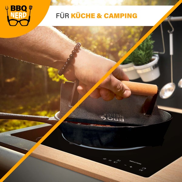 BBQ Nerd Fleischpresse aus Gusseisen mit Holzgriff - 21x11 cm rechteckig | Fleischbeschwerer Burgereisen Grillpresse | Grillgewicht für BBQ Fleisch, Steak, Bacon, Käse, Sandwiches etc.