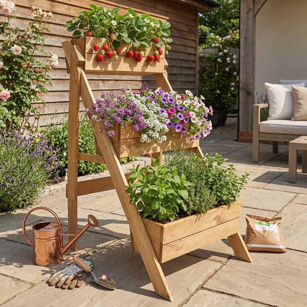 Dreistöckige Pflanztreppe aus Holz mit Erdbeeren, Blumen und Kräutern auf einer Steinterrasse mit Gießkanne und Gartenwerkzeug.