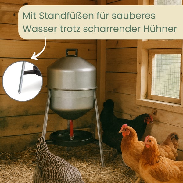 Hühnerwassertränke aus Metall mit Standfüßen im Hühnerstall mit Hühnern