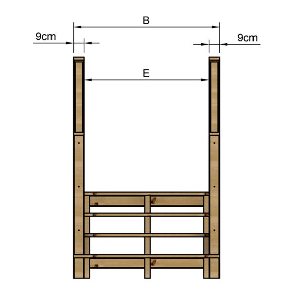 Technische Zeichnung eines Holzregals mit Maßangaben.