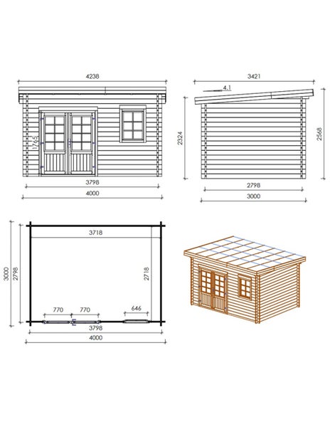 Technische Zeichnung mit Maßangaben für ein Holzgartenhaus mit Doppeltür und Fenster in der Vorderansicht, Seitenansicht, Grundriss und 3D Ansicht