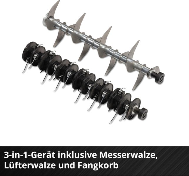 Messerwalze und Lüfterwalze für ein 3-in-1 Rasenpflegegerät.