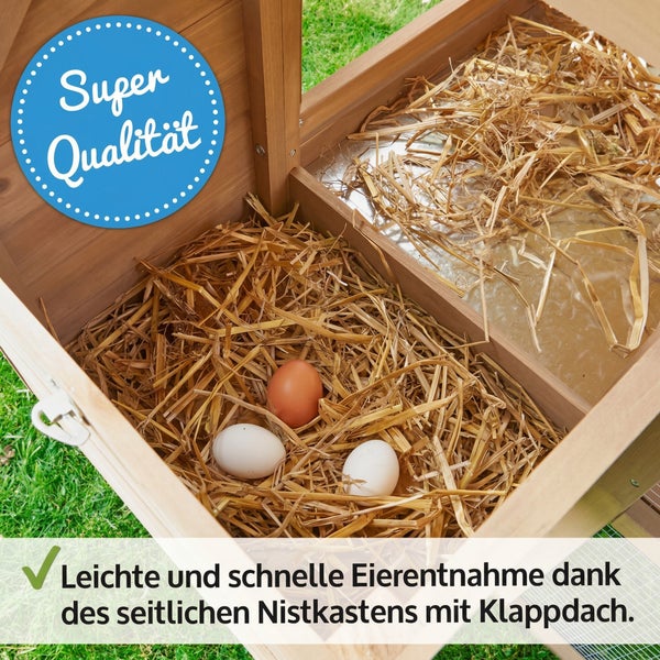 Kleintierstall aus Holz mit grünem Bitumendach und Drahtgitter, Maße 180 mal 72 mal 51 Zentimeter, Siegel für perfekte Größe.