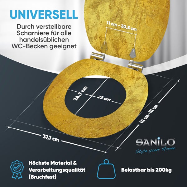 Goldfarbener Toilettensitz mit verstellbaren Scharnieren und Montagezubehör