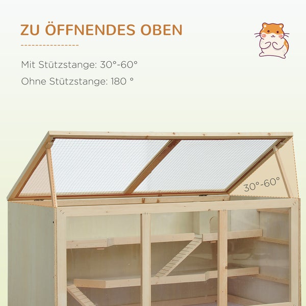PawHut Zwerghamsterkäfig Nagerkäfig Kleintierstall aus Holz Mäusekäfig mit Treppen Kleintierkäfig Nagervilla Dreistöckig Naturholz 115 x 57 x 55 cm