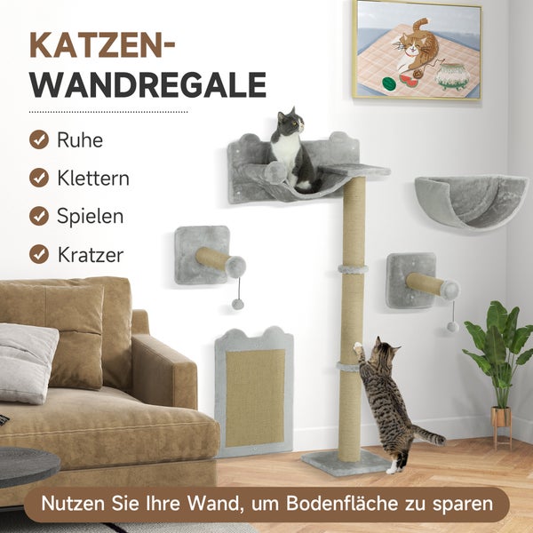 Katzenspielplatz mit Wandregalen, Kratzbaum und Kratzbrett zur Wandmontage in Wohnzimmer