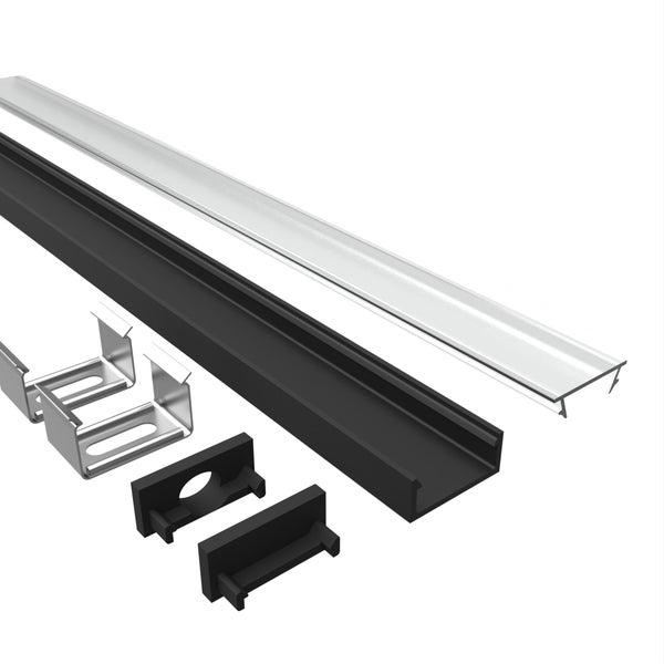 TIVENDIS Led Alu Profil 2 m AH2schwarz Komplett Set für Strip / Streifen bis 12 mm breit | Abdeckung transp. , Endkappen, Befestigungclips | U-Form Aufputz Deckenleiste Wandprofil pulverbesch.