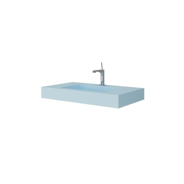 Rechteckiges hellblaues Aufsatzwaschbecken mit integriertem Becken und Einhebelmischer.