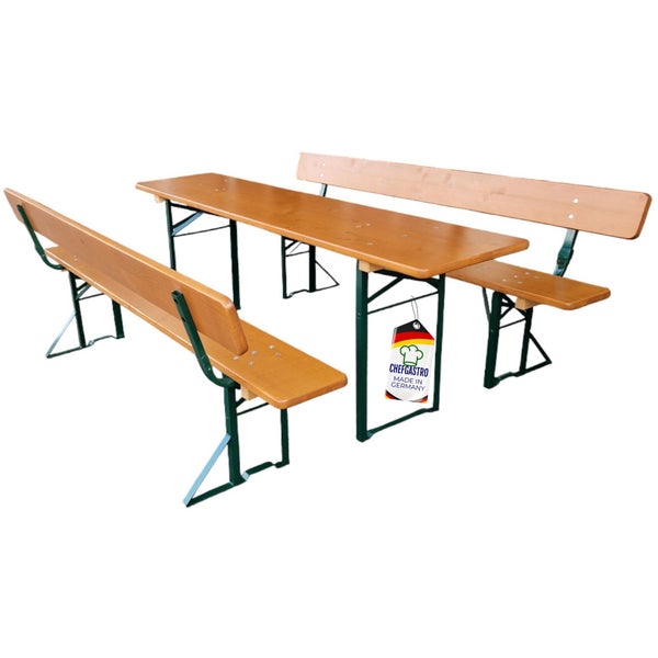 Bierzeltgarnitur mit einem Tisch und zwei Bänken mit Rückenlehne, aus Holz mit einem grünen Metallgestell, Made in Germany, ChefGastro Logo.