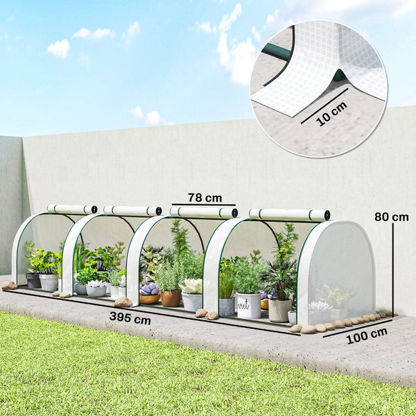 Folientunnel Gewächshaus mit Metallgestell für Pflanzen, 395 x 100 x 80 Zentimeter, mit 10 Zentimeter Bodenverankerung und aufrollbaren Fenstern.