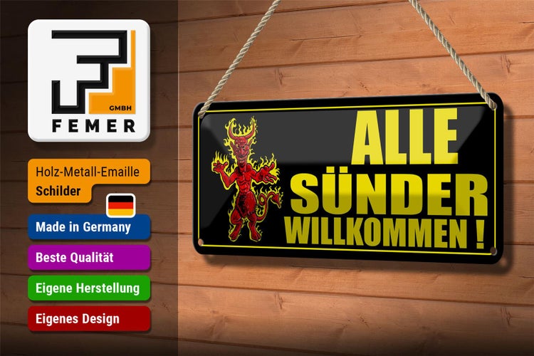Blechschild Spruch 27x10cm Alle Sünder willkommen Teufelchen
