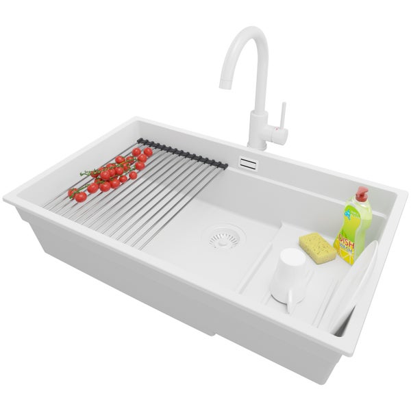 PRIMAGRAN Unterbauspüle Granit Alles Weiß 76x47cm, Spülbecken 1 Becken + Küchenarmatur 32x20cm + Ablauf-Set + Aufrollbare Abtropffläche, Granitspüle ab 80er Unterschrank - Praga