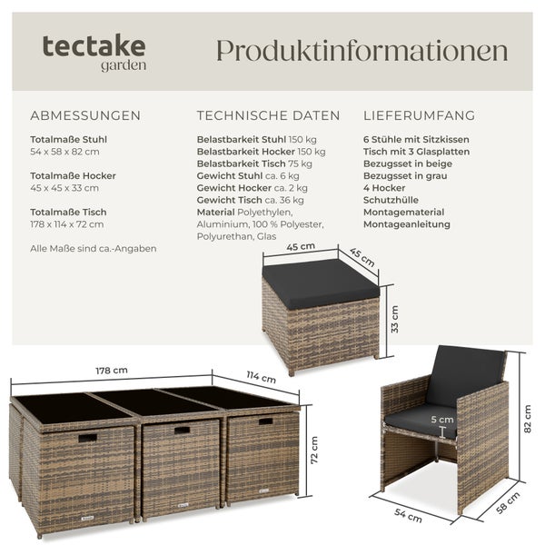 Rattan Sitzgruppe tectake New York 2 Bezugssets, zusammenschiebbar, inklusive Schutzhülle mit Aluminiumgestell natur