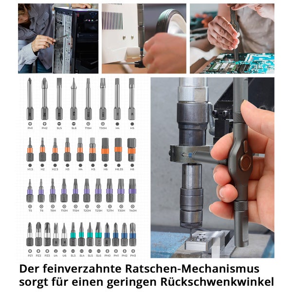Mehrere Bilder eines Ratschenschraubendrehers mit verschiedenen Aufsätzen in Anwendung
