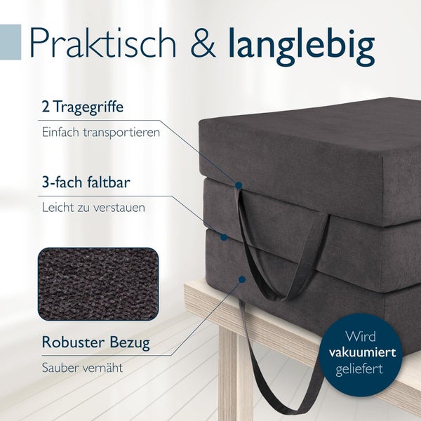 Dreifach faltbare Gästematratze mit zwei Tragegriffen, robustem Bezug und vakuumiert geliefert.